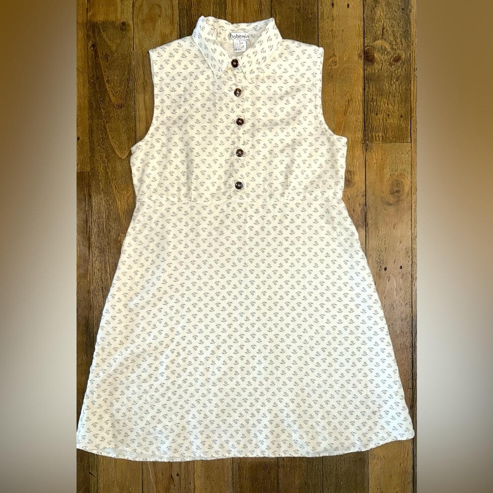 BOHEMIA Sleeveless Cream and gray Patterned Dress Button up collard Retro Linen - Picture 3 of 13